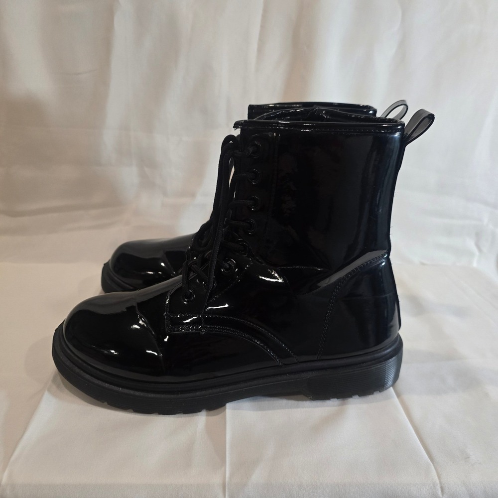 Y2K Mudd Black Patent Combat Boots Lace Up Side Zip Chunky Platform Women's8.5 - Picture 4 of 11